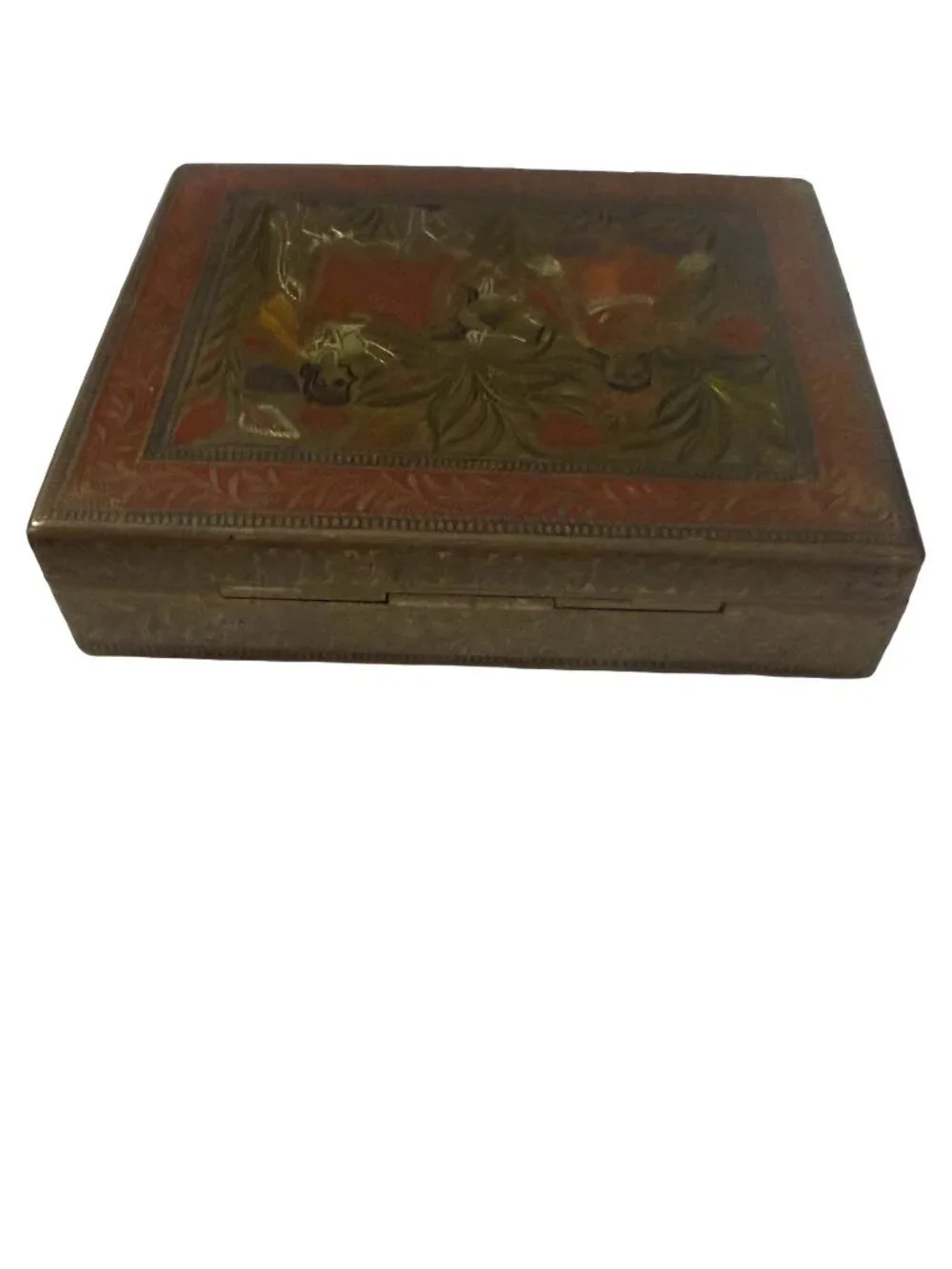 Vintage Hand Carved Brass Clad Wood Trinket Box Figural Decorative Jewelry Box